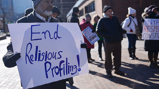 Muslims protest religious profiling in the United States.