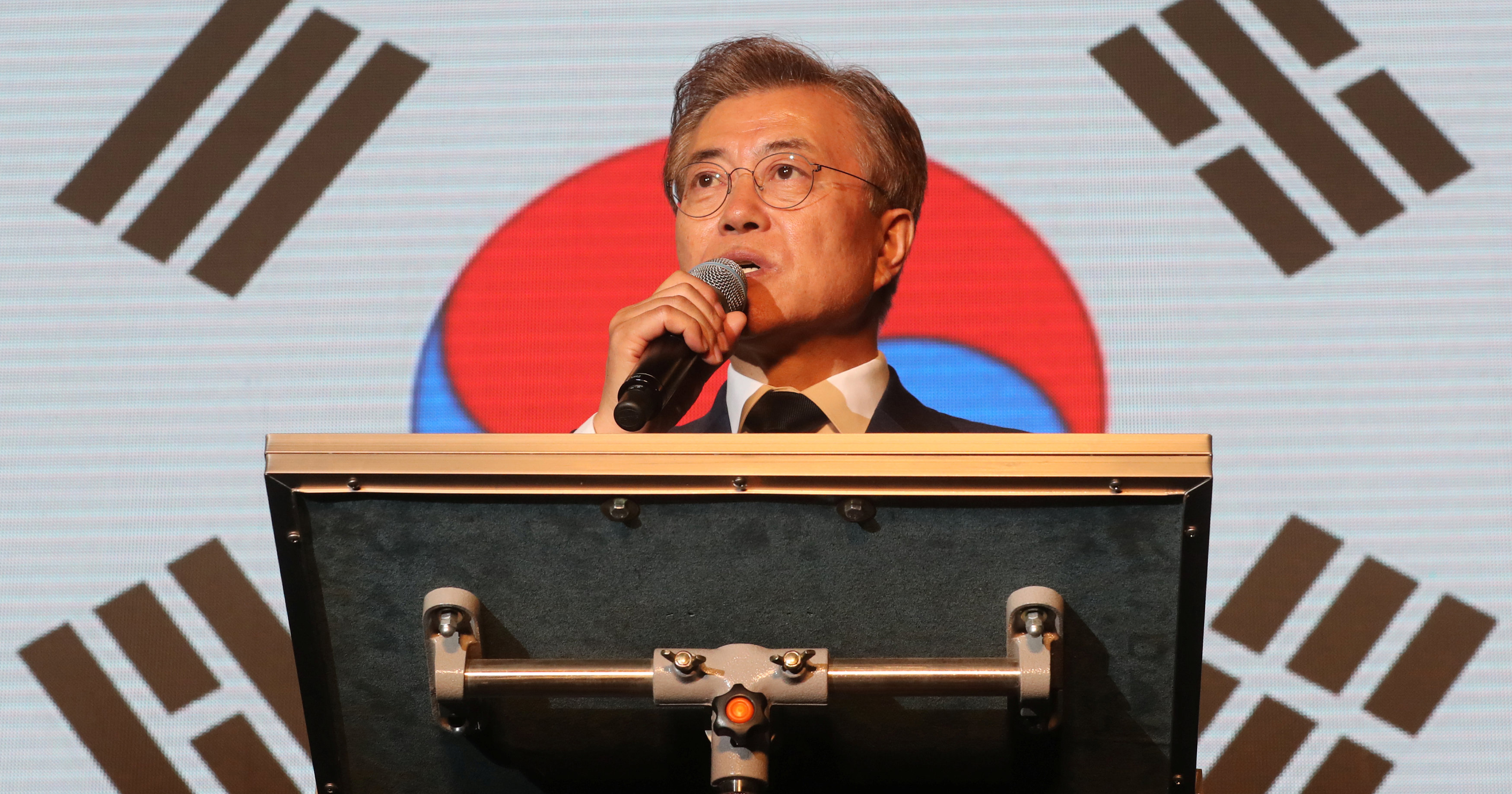 South Korea's president-elect Moon Jae-in speaks to supporters at Gwanghwamun Square in Seoul, South Korea, May 9, 2017.