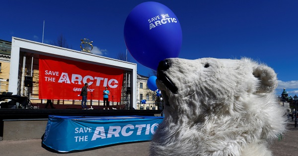 Greenpeace activists campaign for the Arctic in Helsinki, Finland, on May 6, 2017.