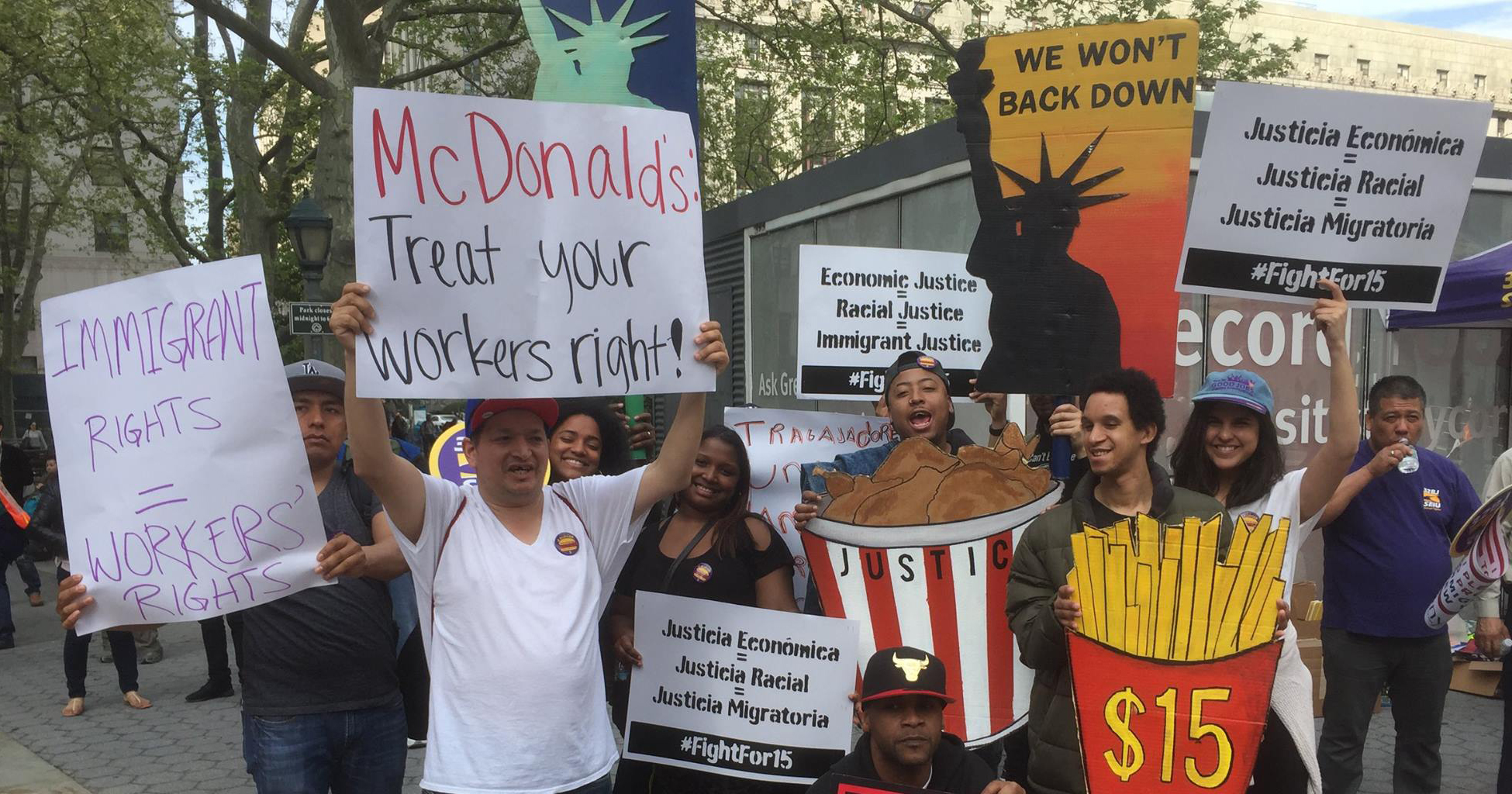 Workers rally in New York City for the Fair Work Week package on May 1, International Workers Day, 2017.