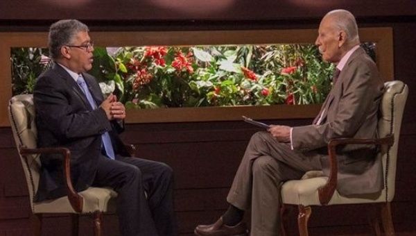 Former Education Minister Elias Jaua speaks in a televised interview on Sunday about the national Constituent Assembly in Venezuela.