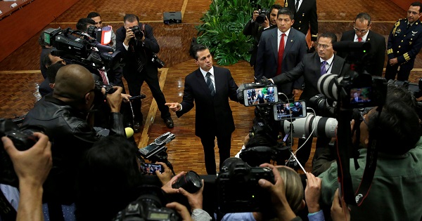 Mexico's President Peña Nieto talks to the media after giving a speech about slain journalists, Mexico City, May 17, 2017.