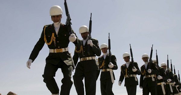 Afghan soldiers attend a cornerstone laying and dedication ceremony for the National Military Academy of Afghanistan, April 6 2010.
