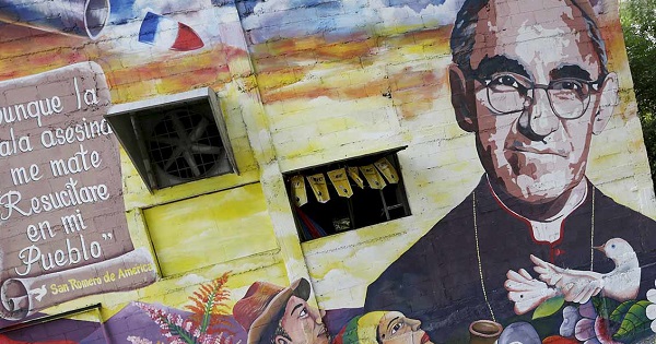 A mural depicts slain Archbishop Oscar Romero in San Salvador.