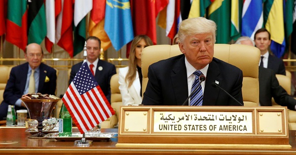 U.S. President Donald Trump takes his seat before his speech to the Arab Islamic American Summit in Riyadh.