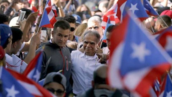 Puerto Rican independence fighter Oscar Lopez Rivera arrives for a gathering in his honor in Chicago's Humboldt Park neighborhood.