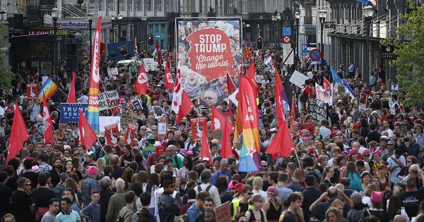 Demonstrators protest against U.S. President Donald Trump and NATO summit in Brussels, Belgium, on May 24, 2017.