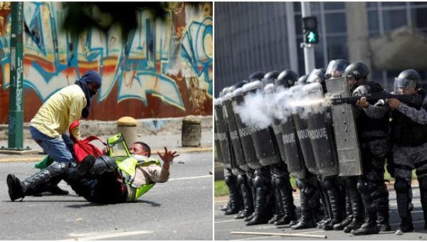 (Left) Anti-government protesters attack police in Venezuela. (Right) Police fire rubber bullets and tear gas at anti-Temer protesters in Brasilia.