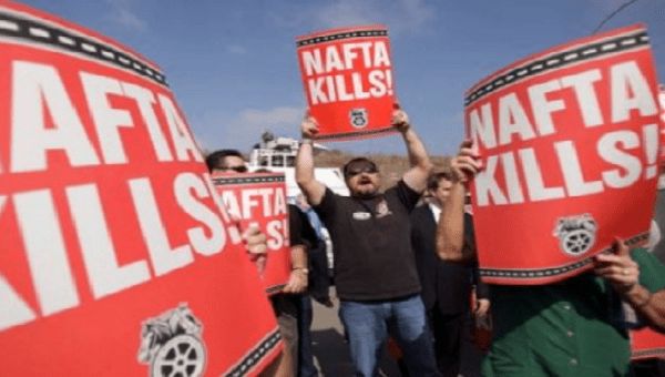 Teamsters union members demonstrate against NAFTA.