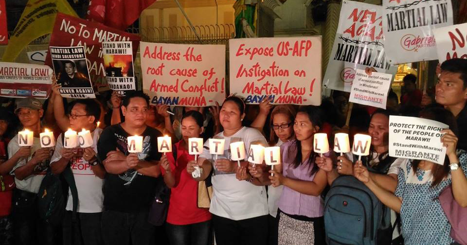 Philippine mass movement participants protest the declaration of martial law in Mindanao.