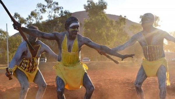 Performers from East Arnhem Land dance during the opening ceremony for the National Indigenous Constitutional Convention, a three day conference designed to come up with a consensus response on how indigenous people should be recognized in Australia's constitution, at Mutitjulu near Uluru in central Australia, May 23, 2017.