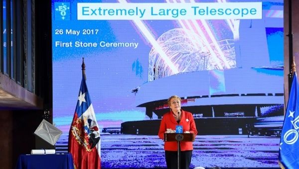 Chile's President Michelle Bachelet speaks during a ceremony to inaugurate the construction of the world's largest telescope in the desert of Atacama, Chile, May 26, 2017. 