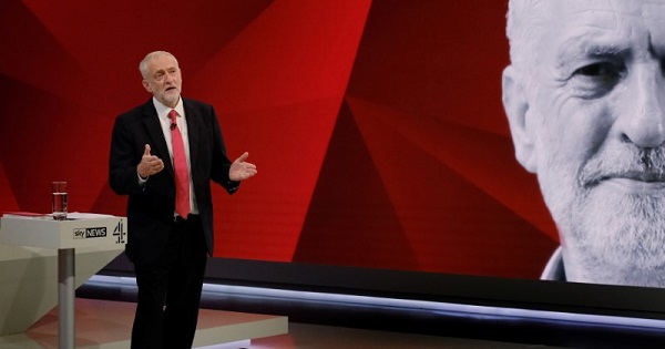 Labour leader Jeremy Corbyn answers questions from the studio audience during a joint Sky News and Channel 4 program.