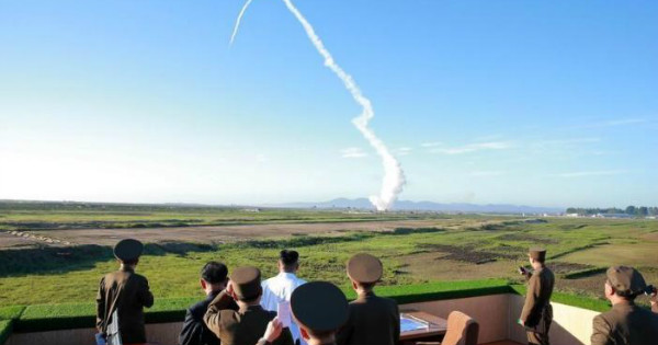 The test launch of a short-range ballistic missile landed in the sea off its east coast, near Japan, in defiance of mounting pressure and threats of increased sanctions.
