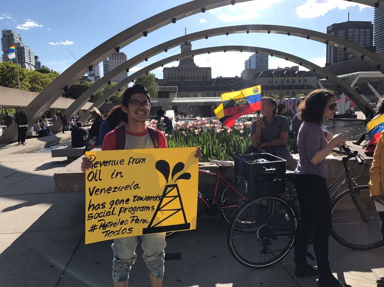 Dozens of Maduro supporters gathered outside Toronto city hall to show their support for the Venezuelan government. 