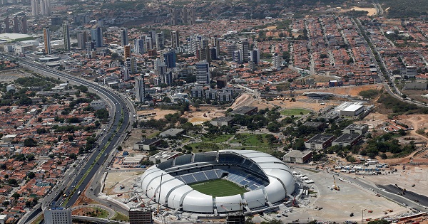 An aerial view shows the Arena das Dunas stadium, which will host matches for the 2014 soccer World Cup, in Natal.