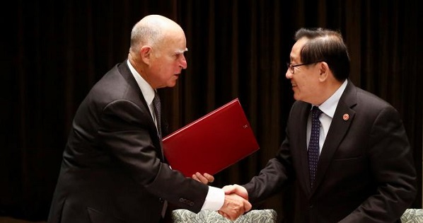 California Governor Jerry Brown and Chinese Minister of Science and Technology Wan Gang meet in China June 6, 2017.