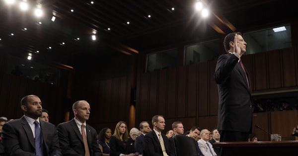 Former FBI Director James Comey is sworn in to testify before a Senate Intelligence Committee hearing in Washington, U.S., June 8, 2017.