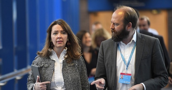 Fiona Hill and Nick Timothy arrive at the annual Conservative Party Conference in Birmingham, UK, October 5, 2016