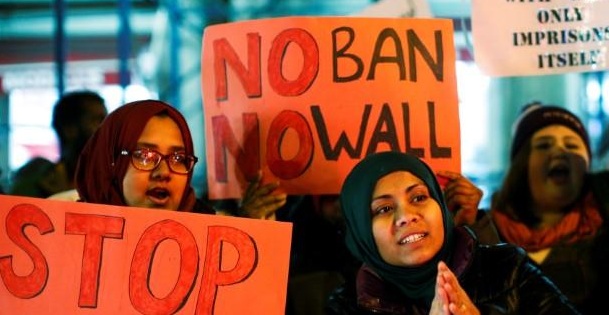 People protest against President Donald Trump's travel ban in New York City, U.S., February 1, 2017.
