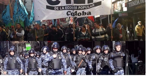 The workers striking last week (top). The militarized officers (bottom).