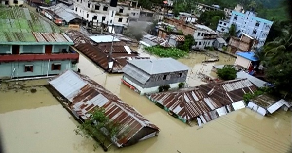 An aerial view showing the town half-submerged in floodwaters following landslides triggered by heavy rain in Khagrachari, Bangladesh, on June 13, 2017.