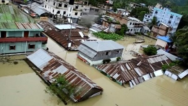 An aerial view showing the town half-submerged in floodwaters following landslides triggered by heavy rain in Khagrachari, Bangladesh, on June 13, 2017. 