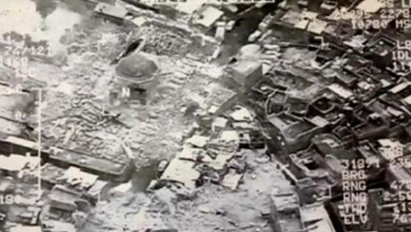 A still image taken from video shows the destroyed Grand al-Nuri Mosque of Mosul in Iraq, June 21, 2017.