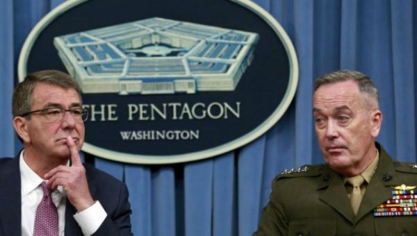 U.S. officials give a press conference at the Pentagon.