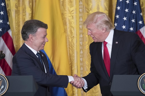 Colombian President Juan Manuel Santos and US President Donald Trump at a joint press conference following a meeting at the White House, May 18, 2017