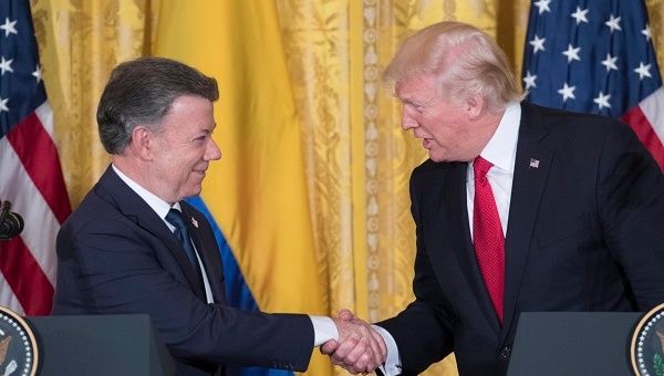 Colombian President Juan Manuel Santos and US President Donald Trump at a joint press conference following a meeting at the White House, May 18, 2017
