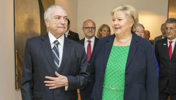 Brazilian President Michel Temer meets with Norway's Prime Minister Erna Solberg