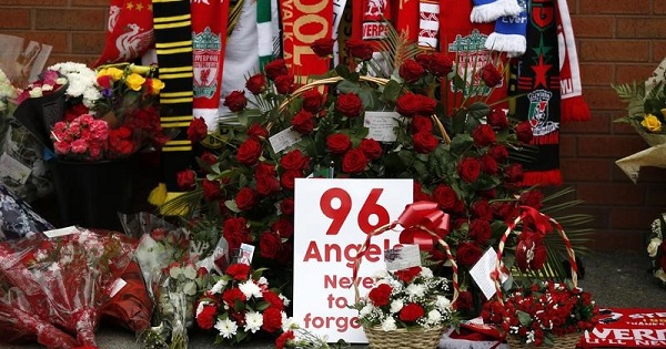 Tributes for the 96 victims of the Hillsborough disaster at Anfield in Liverpool, UK, on April 15, 2016.
