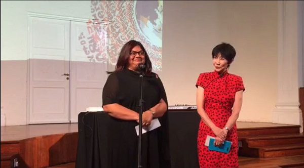 Ingrid Persaud accepting her award for the 2017 Commonwealth Short Story Prize from Catherine Lim
