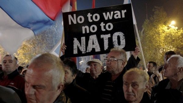 Protest in Montenegro in 2015 against government's NATO membership intention.