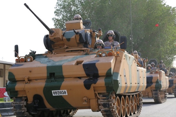 Turkish Armoured Patrol Carrier driving at Turkey's military base in Doha, Qatar June 18, 2017