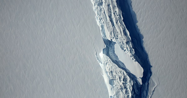 An aerial view of the rift in Larsen C seen from the digital mapping system over the Antarctic Peninsula.