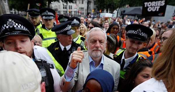 Labour Party leader, Jeremy Corbyn, leaves after addressing an anti-austerity rally in Parliament Square, London, UK, July 1, 2017