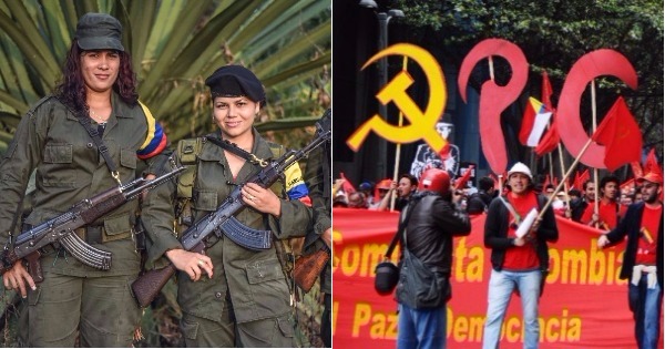 Members of the Revolutionary Armed Forces of Colombia (L) and the Communist Party of Colombia (R).
