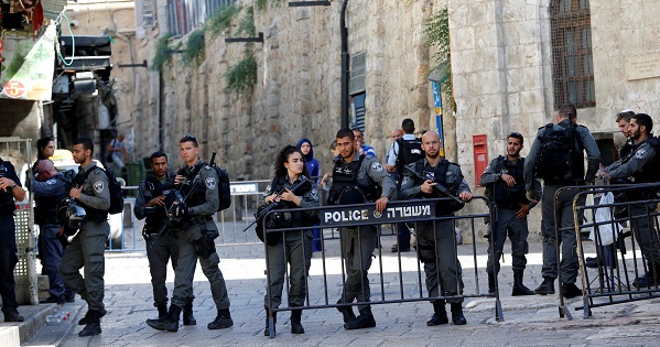 Israeli border policemen secure the area near the scene of the shooting attack, in Jerusalem's Old City July 14, 2017.