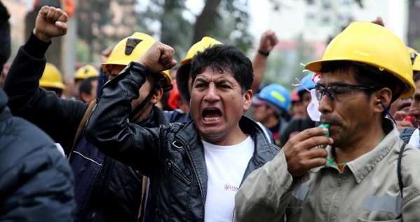 Unionized mine workers march during a nationwide strike to protest the government's proposed labor reforms, in Lima, Peru, July 21, 2017.