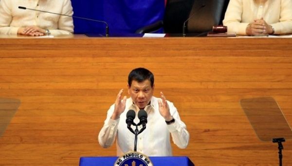 Philippine President Rodrigo Duterte delivers a speech at a Joint Session of Congress in Quezon City, Philippines, July 24, 2017. 