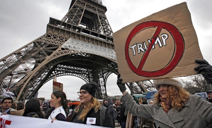 Protesters in Paris rally against the Trump administration in early February 2017
