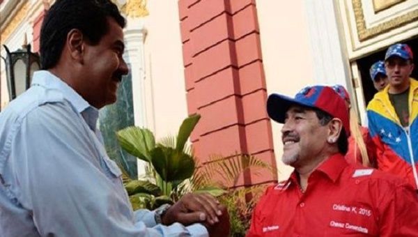 Venezuela's President Nicolas Maduro with Argentina's Diego Maradona.