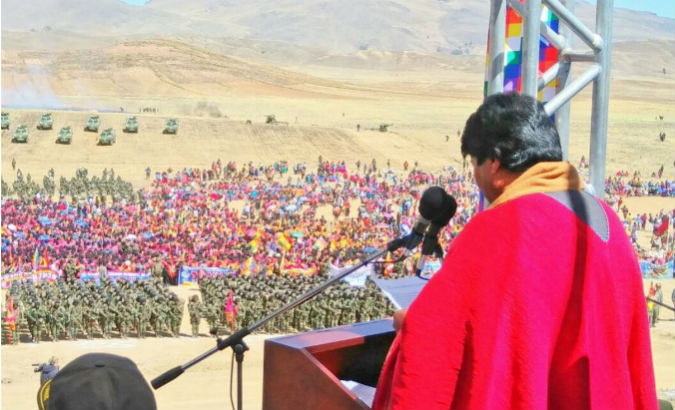 Bolivian President Evo Morales speaks to the country's Armed Forces during a national ceremony.