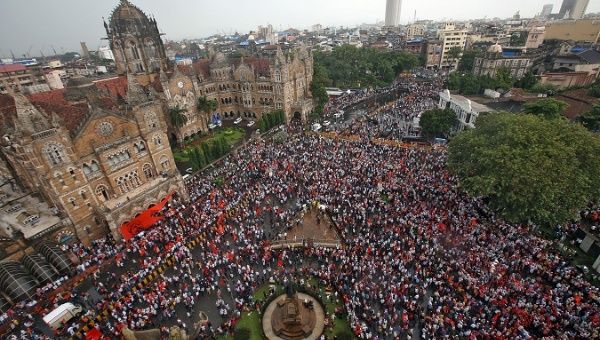 People gather to take part in a protest organised by the Maratha community in Mumbai, India, Aug. 9, 2017.