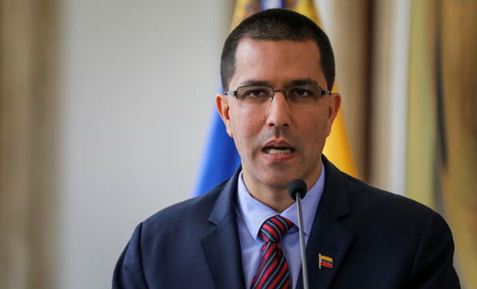 Jorge Arreaza, the foreign minister of Venezuela speaks to the press.