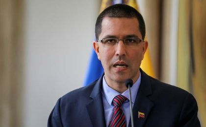 Jorge Arreaza, the foreign minister of Venezuela speaks to the press.