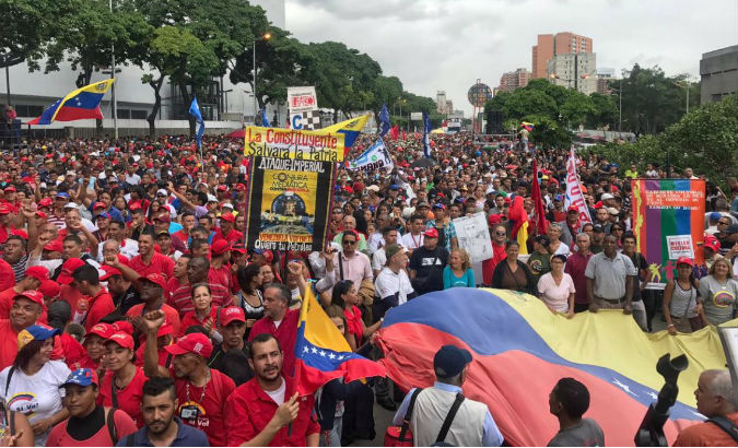 People in Venezuela march against threats by U.S. President Donald Trump to militarily intervene in the country.