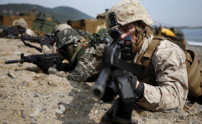 U.S. and South Korean marines participate in a U.S.-South Korea joint landing operation drill in Pohang, South Korea, in March 31, 2014 .